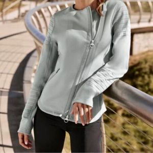 Athleta Moto Bomber Jacket Womens Terry Stretch Size Large Blue Full Zip Casual